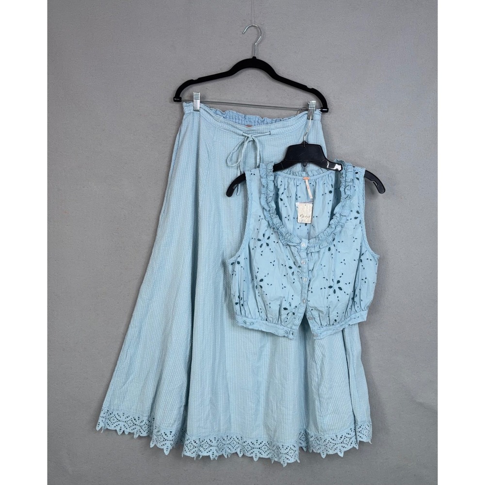 Free People Skirt Set Womens Small Blue Eyelet Madelyn Two Piece Boho Coastal